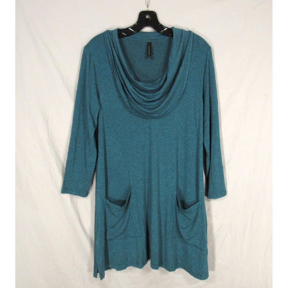 MATCH POINT Soft KNIT LINEN Green/Black STRIPES Pockets COWL NECK Blouse/Tunic S